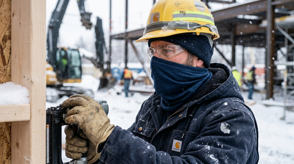 Close-up product lifestyle shot: neck gaiter displayed on ou