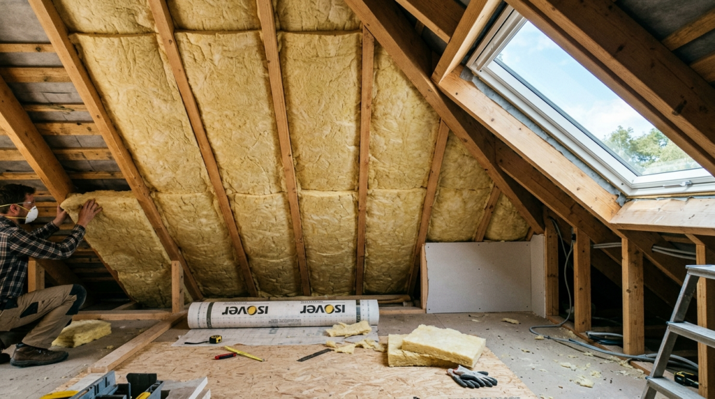 Modern residential attic space with mineral wool insulation 