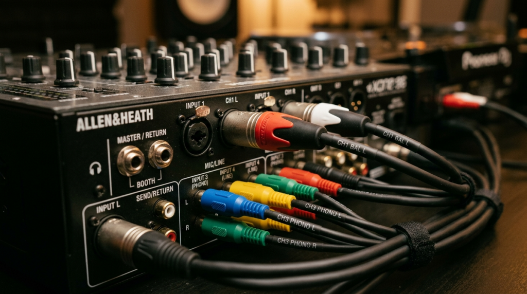 Close-up detail shot of professional audio cables, XLR conne