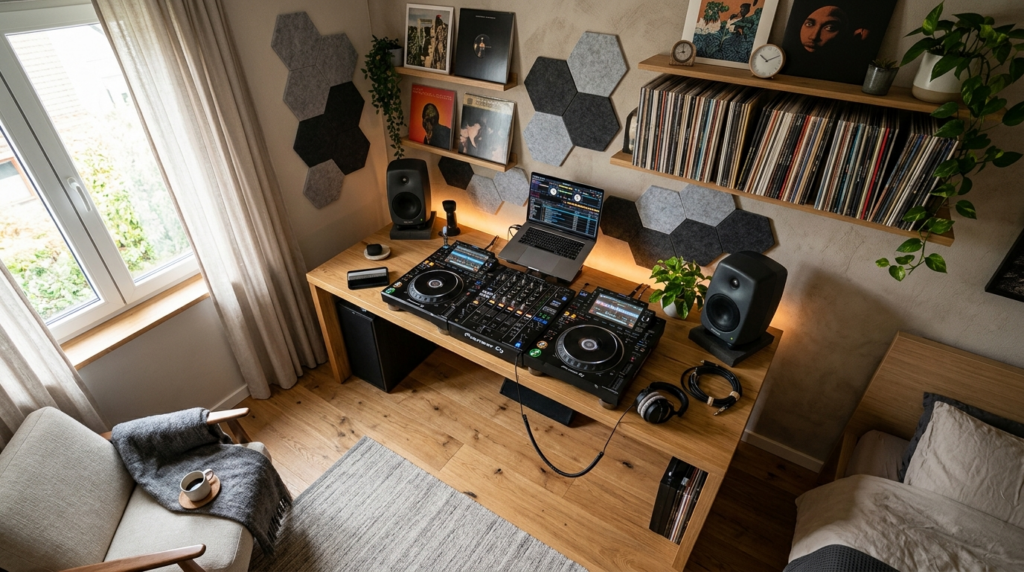 Wide overhead view of a complete home DJ corner integrated i